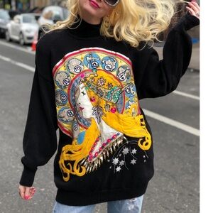 80s Vintage Bonnie Boerer Art Sweater Zodiac Astrology Beaded Black Knit Size S